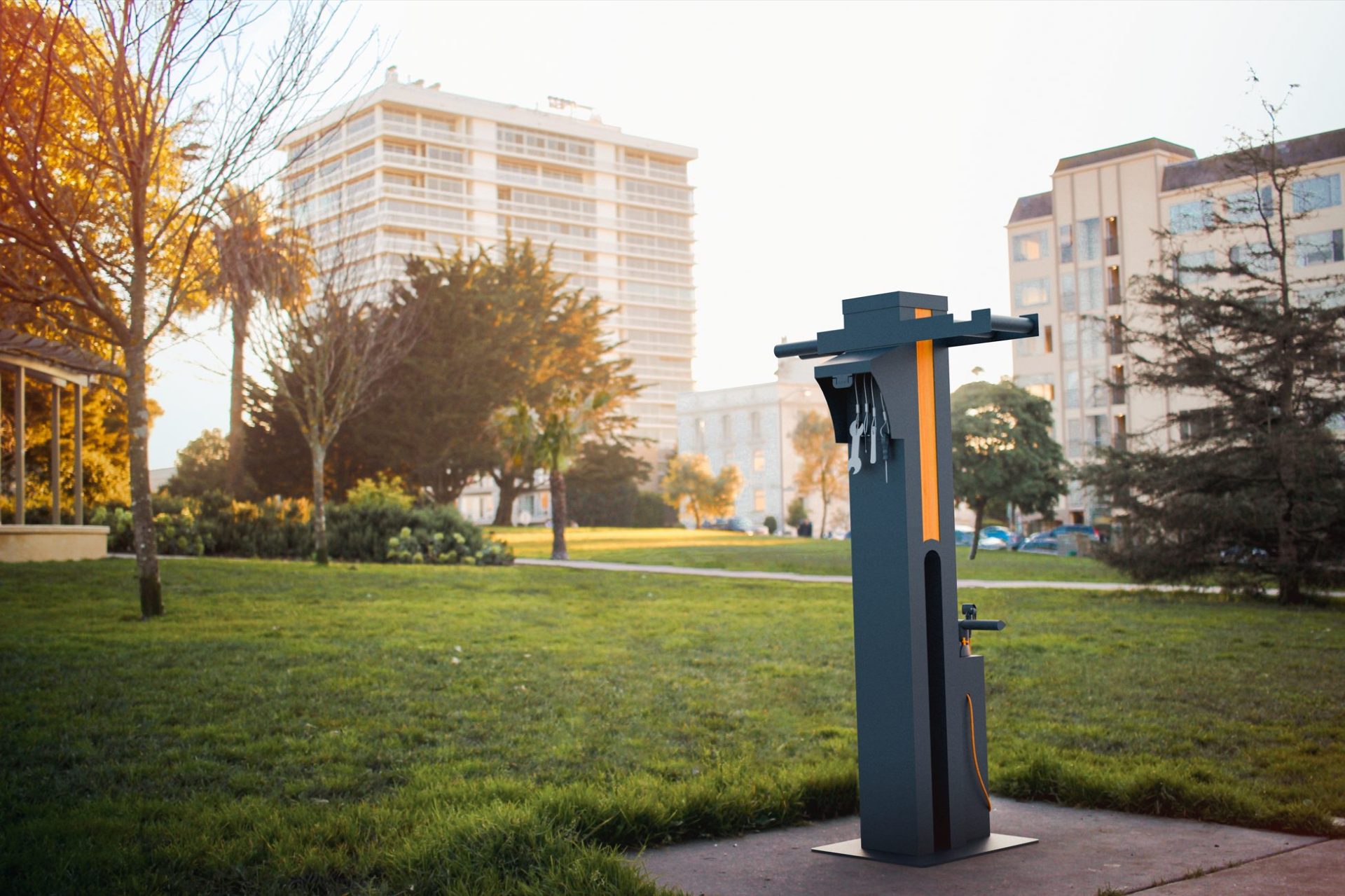 servisný stojan na bicykel mestský mobiliár